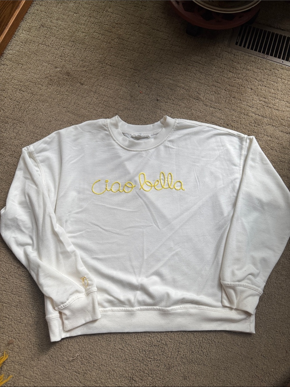 Workshop Republic Clothing White Crewneck with Yellow 'ciao bella' Embroidery